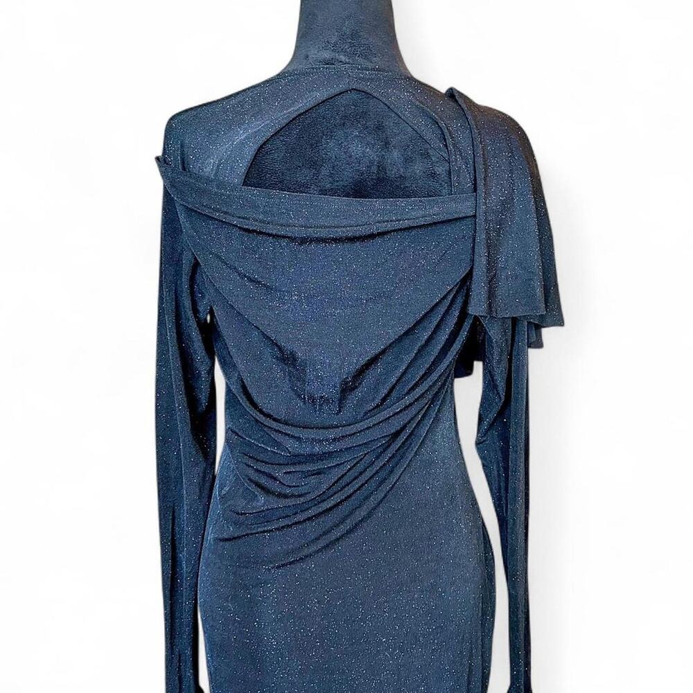 Black Draped Cutout Midi Dress – Minimalist Asymmetrical L - Picture 5 of 8